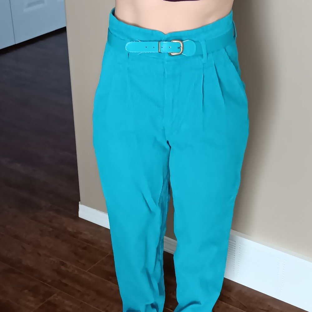 Vintage 80s Roadrunner Corduroy Pants High Waist Bright Blue Cotton Belt